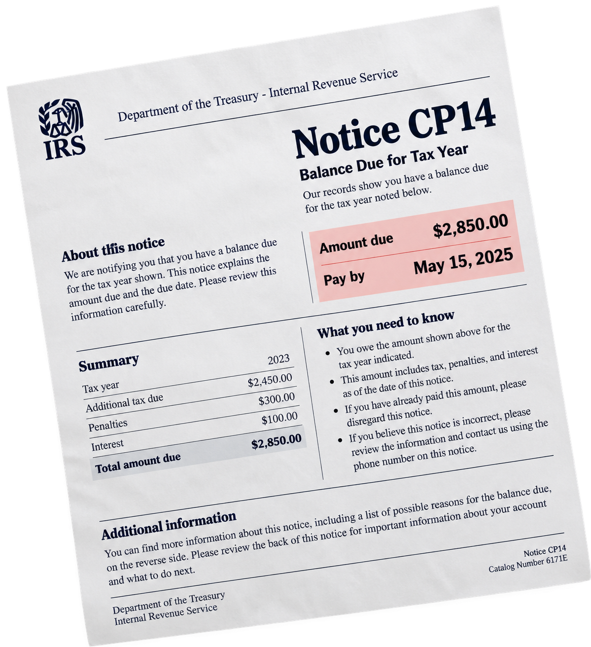 IRS CP14 미납 잔액 통지서