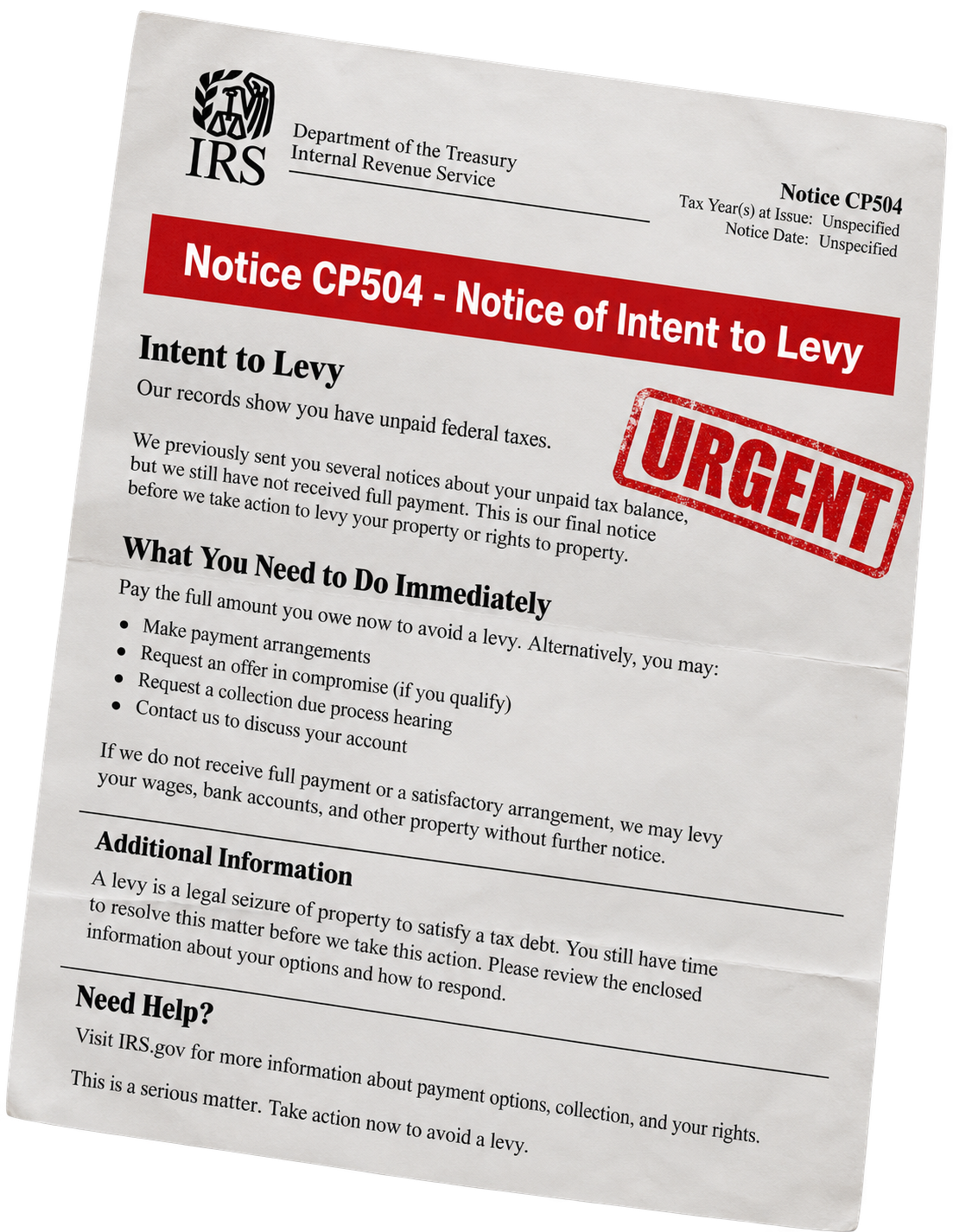IRS CP504 압류 예고 통지서
